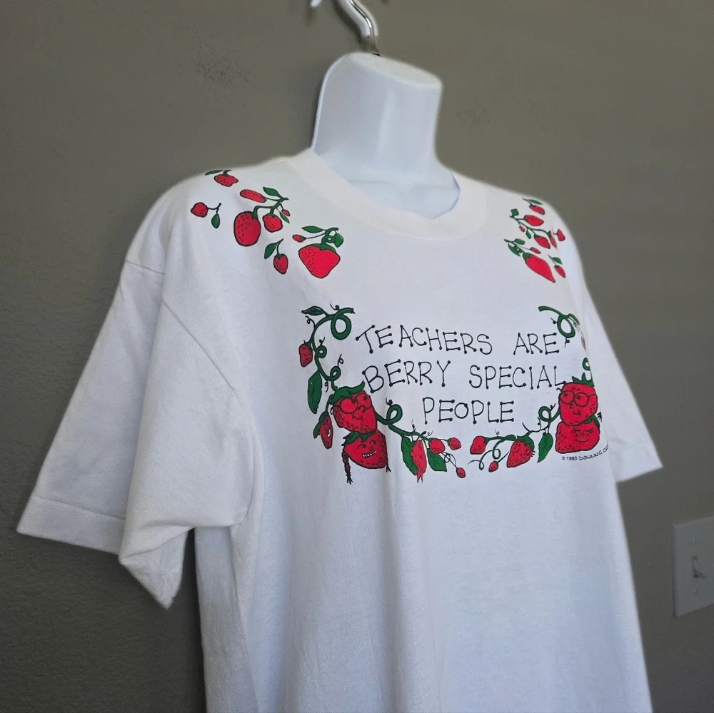 Vintage 90s Teacher Berry Cotton White Red Short Sleeve Shirt Size Large - Picture 3 of 13